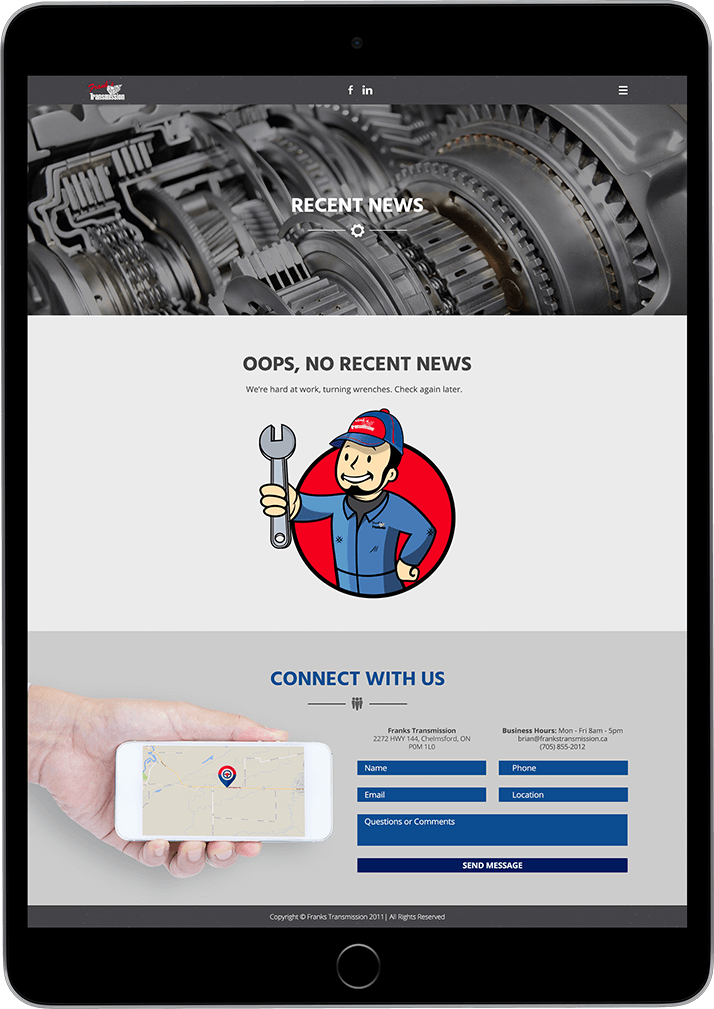 Frank's Transmission website open on a tablet