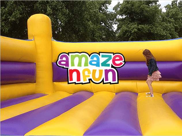 A Maze N Fun Branding & Logo above a professional photograph of young girl jumping in bouncy castle